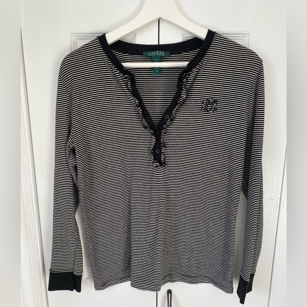 Ralph Lauren coastal striped henley nautical contrast neck cuffs monogram logo M